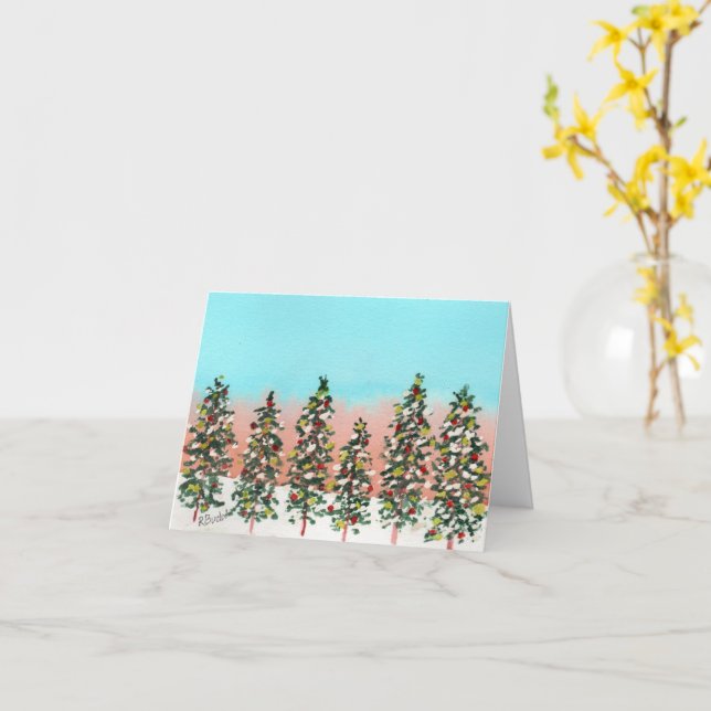 Färgglad rad av julgranar före gryningen kort (Gul blomma)