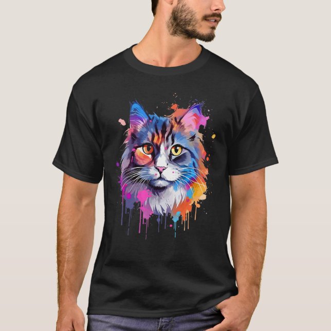 Färgglad Ragamuffin Katt Ansikte Splash Art T Shirt (Framsida)