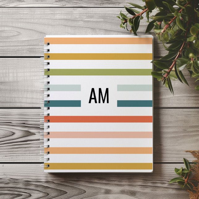 Färgglad randmonogram anteckningsbok (Colorful rainbow stripes monogram initials notebook.)