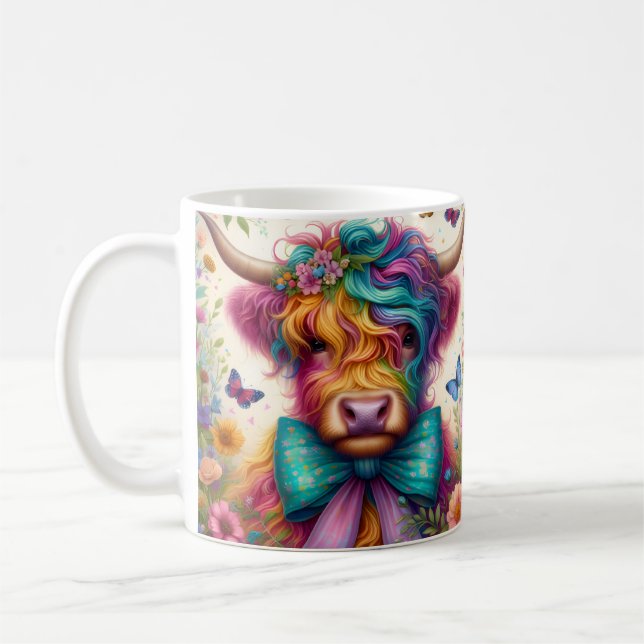 Färgglad regnbåge höglands ko kaffemugg (Vänster)