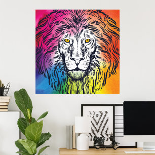 Färgglad regnbåge lejonhuvud djärv vilda djur poster