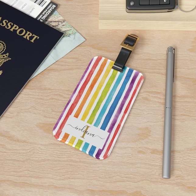 Färgglad regnbågsmonogramnamn vattenfärg ränder bagagebricka (Watercolor Rainbow Monogram Luggage Luggage Tag)