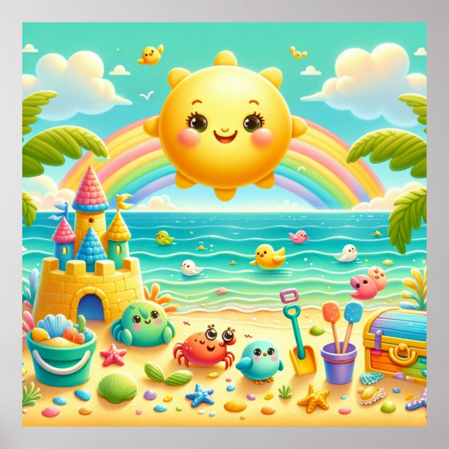 Färgglad Regnbågsstrand Barnkammarsaffisch Poster (Framsidan)