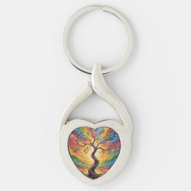 Färgglad Regnbågsträd Abstrakt Twisted Heart Silverfärgad Nyckelring (Framsidan)