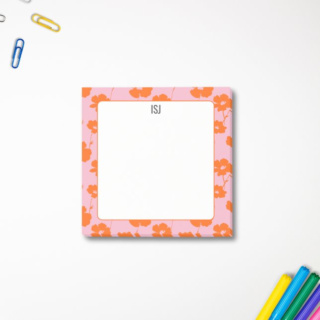 Färgglad Retro Blommig Rosa och Orange Monogram Post-it Block (Skapare uppladdad)