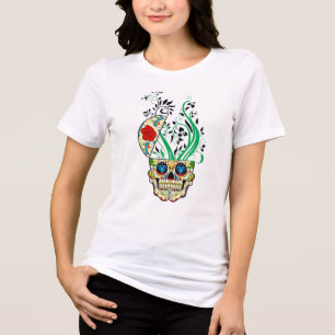 Färgglad Retro Blommig Socker Skalle Röda Rosor Tee Shirt
