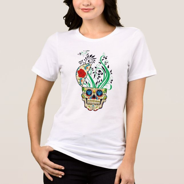 Färgglad Retro Blommig Socker Skalle Röda Rosor Tee Shirt (Framsida)