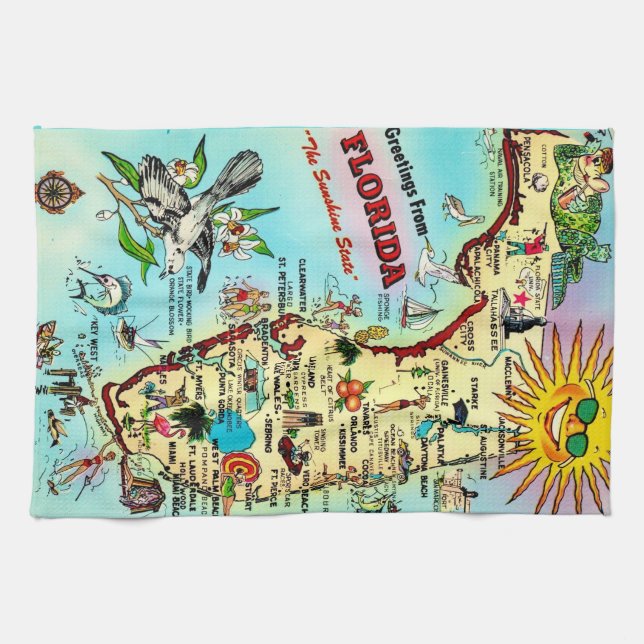Färgglad Retro Florida Karta  Kökshandduk (Horisontell)