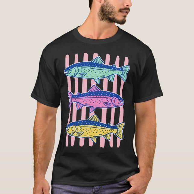 Färgglad Retro Flugfiske Öring Fisk T Shirt (Framsida)