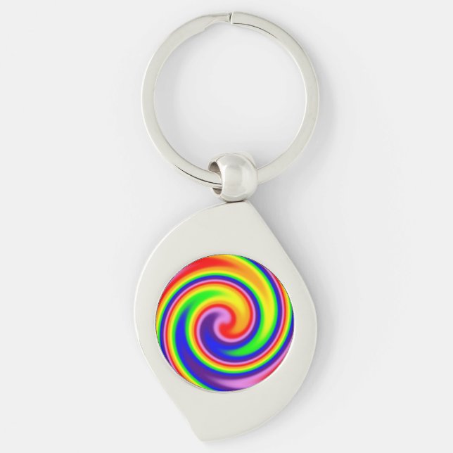 Färgglad Retro Hippie Regnbåge Virvel  Swirl Silverfärgad Nyckelring (Framsidan)