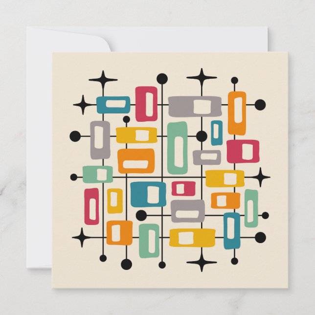 Färgglad Retro Mid Century Modern Atomisk Abstrakt Inbjudningar (Framsida)