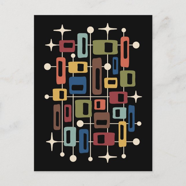 Färgglad Retro Mid Century Modern Atomisk Abstrakt Vykort (Framsida)