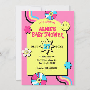 Färgglad retro pop rolig baby shower inbjudningar