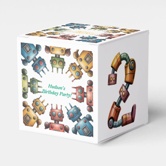 Färgglad Retro Robot 2:a Pojke Födelsedagsfirande  Presentaskar (Framsidan Sidan)