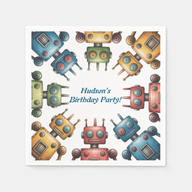 Färgglad Retro Robot Pojkfödelsedagsfest Pappersservett (Framsidan)