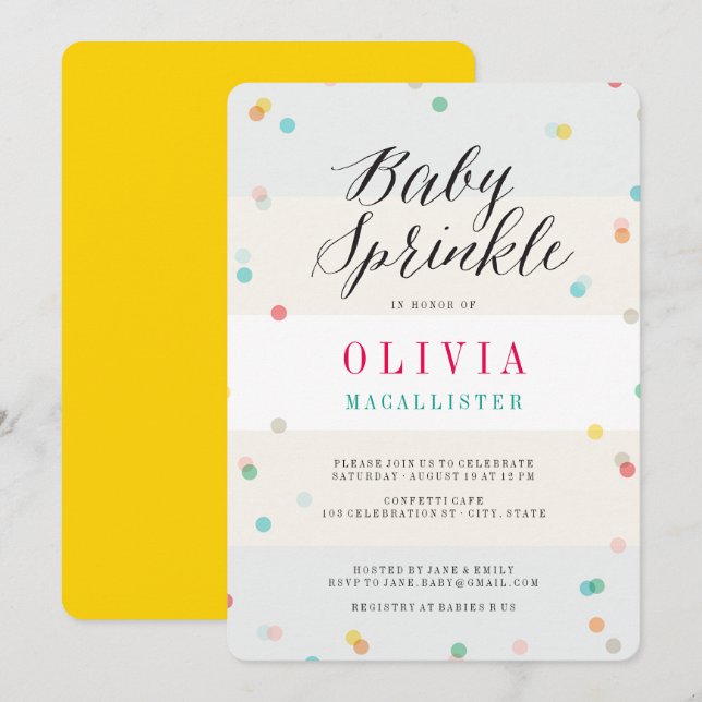 Färgglad Rolig Konfetti Modernt Skript Babyfirande Inbjudningar (Fram/baksida)