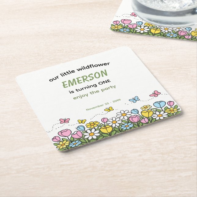 Färgglad Rolig Liten Vildblomma 1-årsdag  Underlägg Papper Kvadrat (Vinklad)