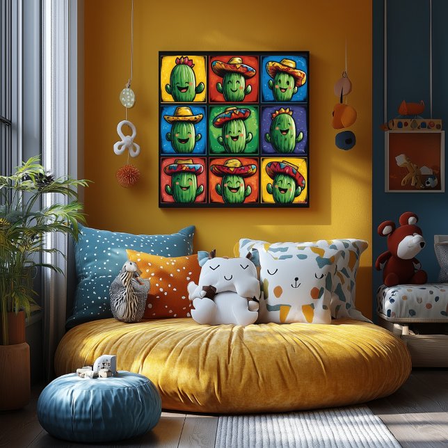 Färgglad rutkonst med leende kaktus för barnrum poster (Skapare uppladdad)