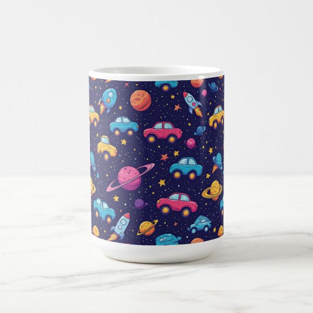 Färgglad rymdäventyr med bilar, raketer kaffemugg (Center)