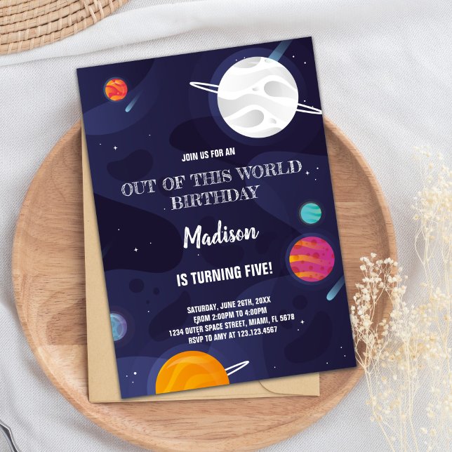 Färgglad rymdtema för barnkalas inbjudningar (Planets Birthday Invitations)