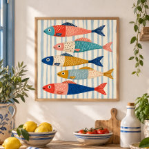 Färgglad sardinfisk konst kust kök inredning