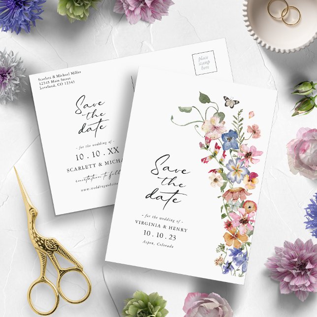 Färgglad Save The Date Vykort (Watercolor Colorful Wildflower Save The Date Postcard by Painted Paperie)