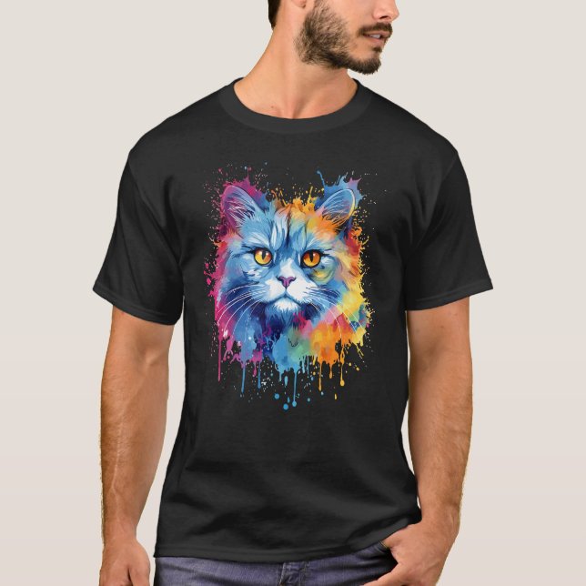Färgglad Selkirk Rex Katt Ansikte Splash Art T Shirt (Framsida)