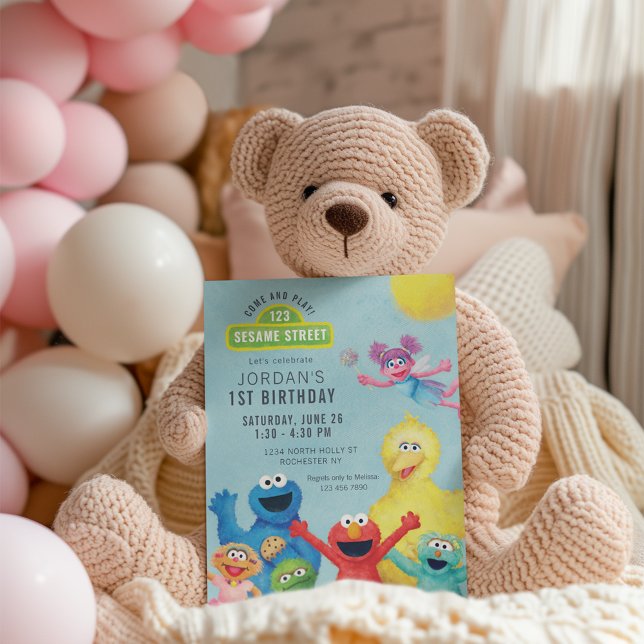 Färgglad Sesame Street-illustration födelsedagsfes Inbjudningar (Invitation by stuffed animal)