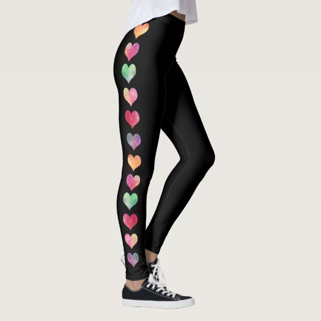 Färgglad sidostrimma Vattenfärg Hjärtan Dam Yoga Leggings (Höger)