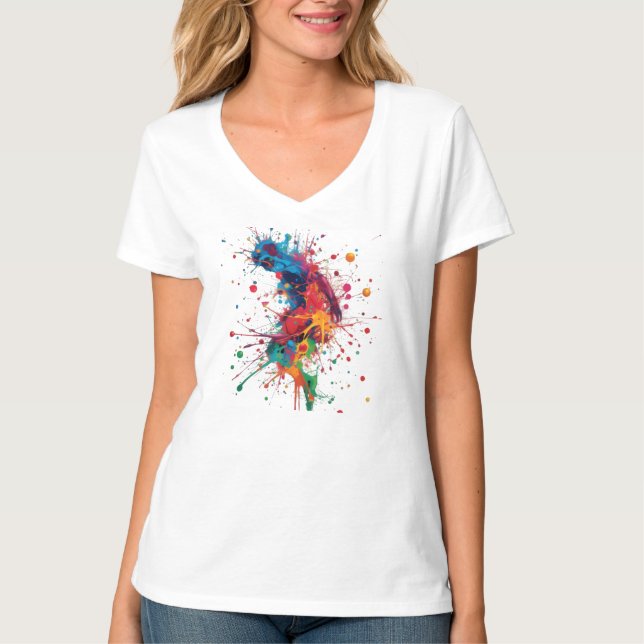 Färgglad Silhuett med Målarfärgssprut – Dam V-ring T Shirt (Framsida)