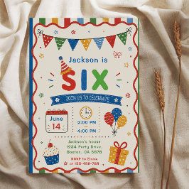 Färgglad SIX 6-års födelsedagsfest Inbjudningar