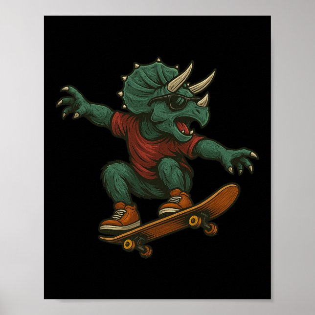 Färgglad skateboardåkande Triceratops dinosauriede Poster (Framsidan)
