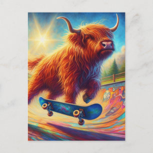 Färgglad skotsk höglands ko skateboardar vykort