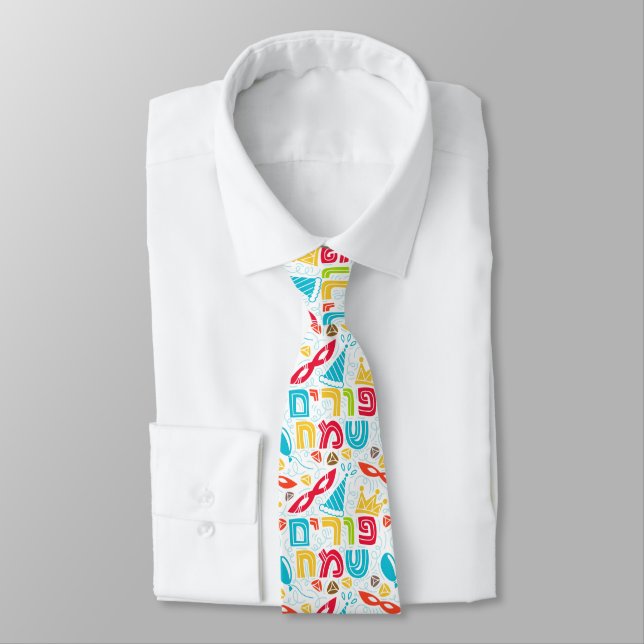 Färgglad slips med hebreisk "Glad Purim"-text (Bunden)