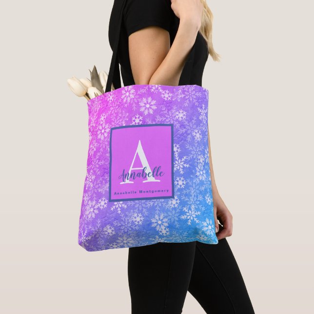 Färgglad Snöflinga Rosa Lila Blå Monogram Namn Tygkasse (Närbild)