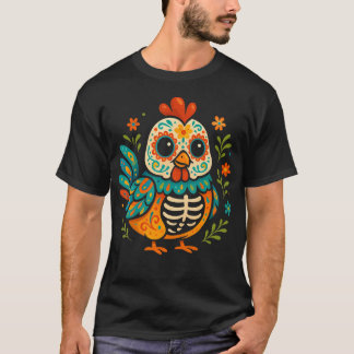 Färgglad Socker Skalle Kyckling Da De Los Muertos  T Shirt