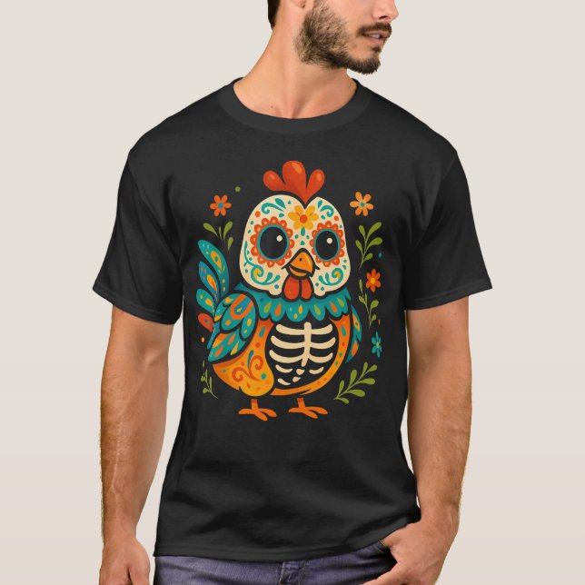 Färgglad Socker Skalle Kyckling Da De Los Muertos  T Shirt (Framsida)