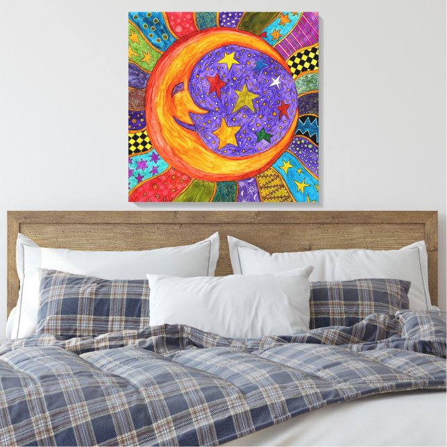 Färgglad sol, måne och stjärnor inklädd canvas  (Insitu (sovrum))