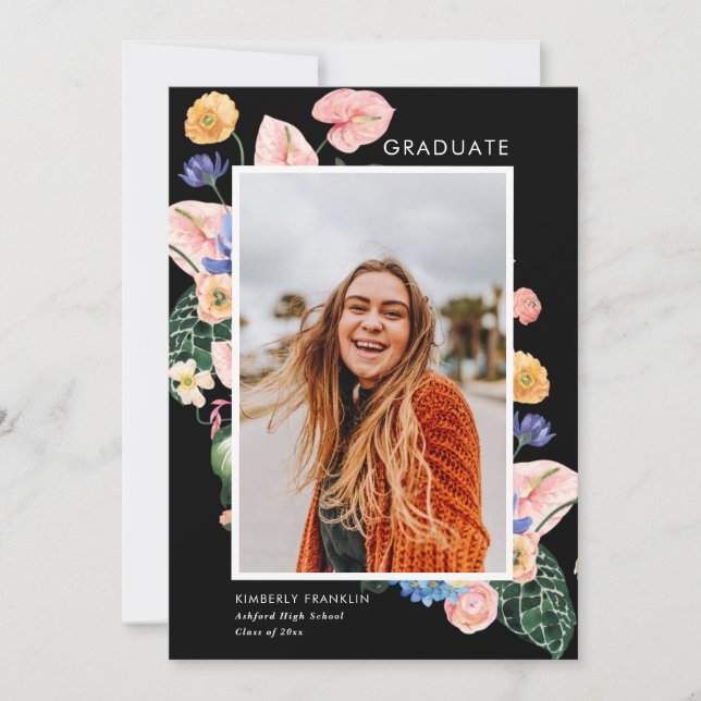 Färgglad sommarblommig examensfotoinbjudan inbjudningar (Framsida)