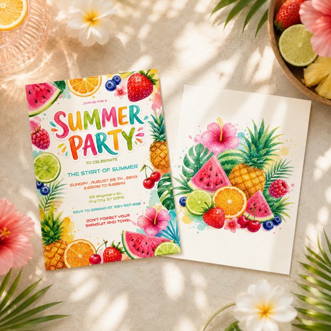 Färgglad sommarfest Tropisk frukt kul Inbjudningar (Skapare uppladdad)