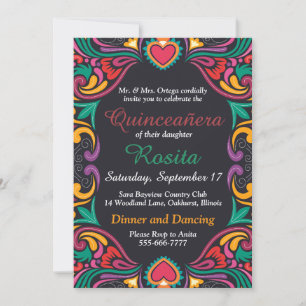 Färgglad spansk gräns Quinceanera-inbjudan Inbjudningar
