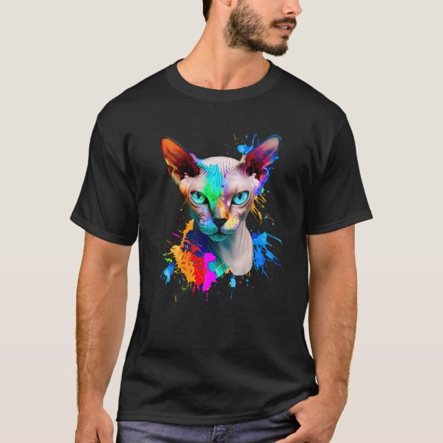 Färgglad Sphynx-katt Färgsprut, Abstrakt Konst T Shirt (Framsida)