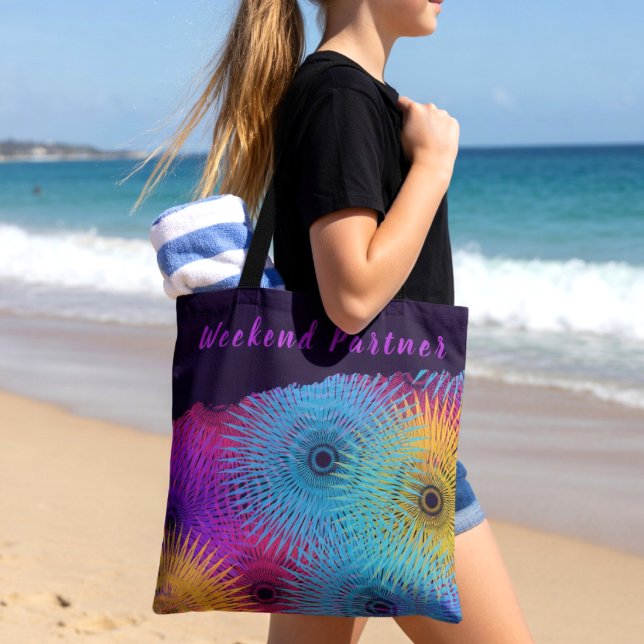 Färgglad Spiral Geometrisk Tygkasse (Weekend vibes tote brings color to the beach. custom text.)