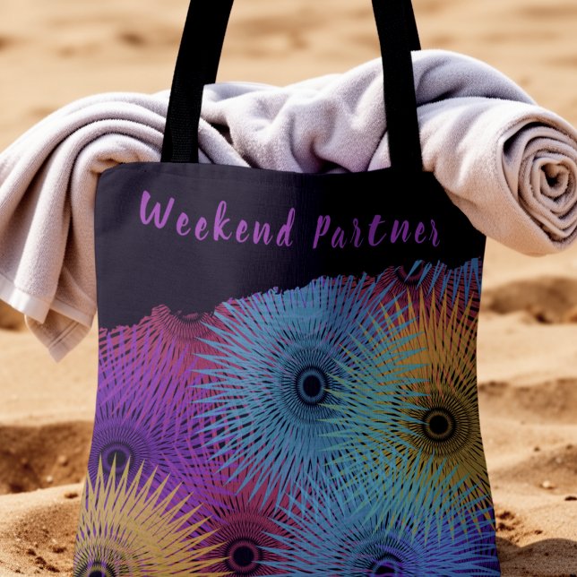 Färgglad Spiral Geometrisk Tygkasse (Weekend vibes tote brings color to the beach. custom text.)