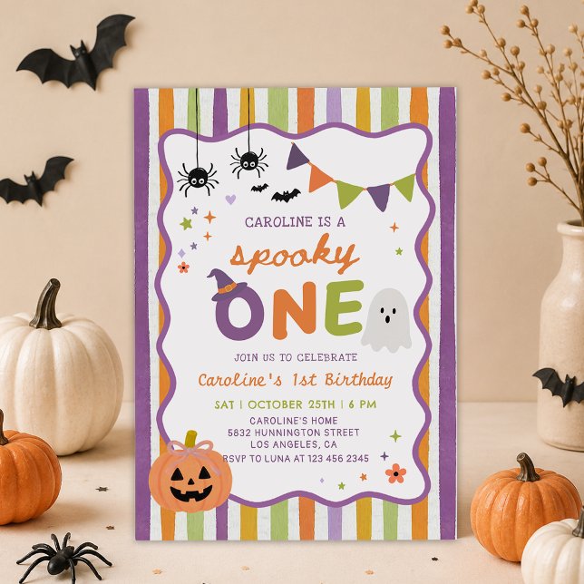 Färgglad spöklik Halloween-spöke 1-års födelsedag Inbjudningar (Skapare uppladdad)