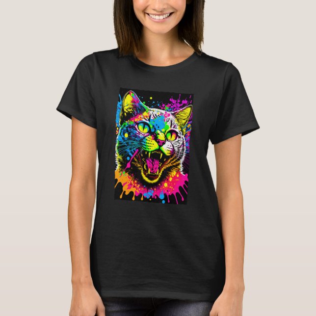 Färgglad stänkande målad katt 80-talsstil t shirt (Framsida)