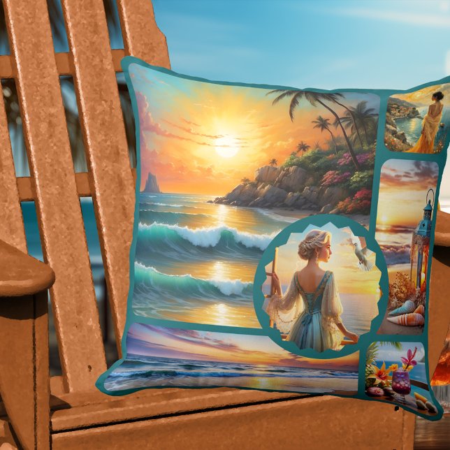 Färgglad strandfoto collage Boho Chic  Kudde (Colorful artistic beach house pillow featuring boho fun paintings or your custom photos)
