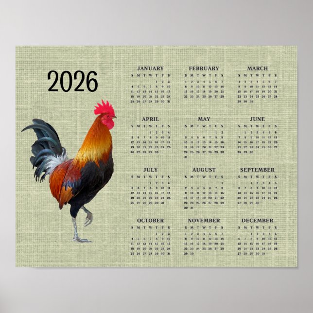 Färgglad struttande tupp 2026 kalenderplansch poster (Framsidan)