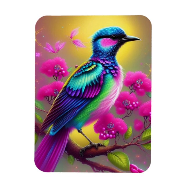 Färgglad Surrealistisk Fågel Rosa Blommor Magnet (Vertikal)