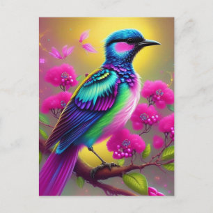 Färgglad Surrealistisk Fågel Rosa Blommor Postkort Vykort